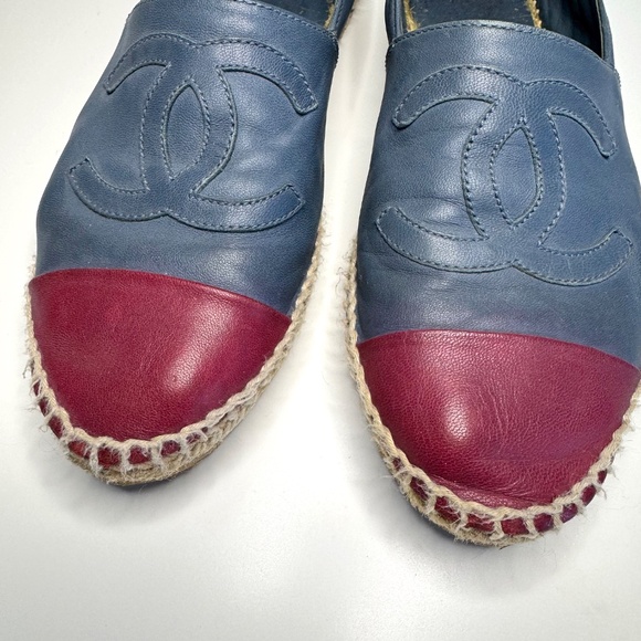 CHANEL CC Blue Red Lambskin Leather Espadrilles Flats Loafers EU 38 fit US 7 - Picture 3 of 14
